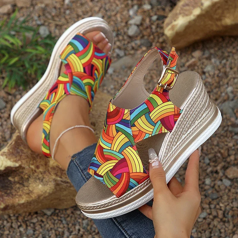 Elastic Waistband Roll - Rainbow Graffiti Wedge Heels Sandals for