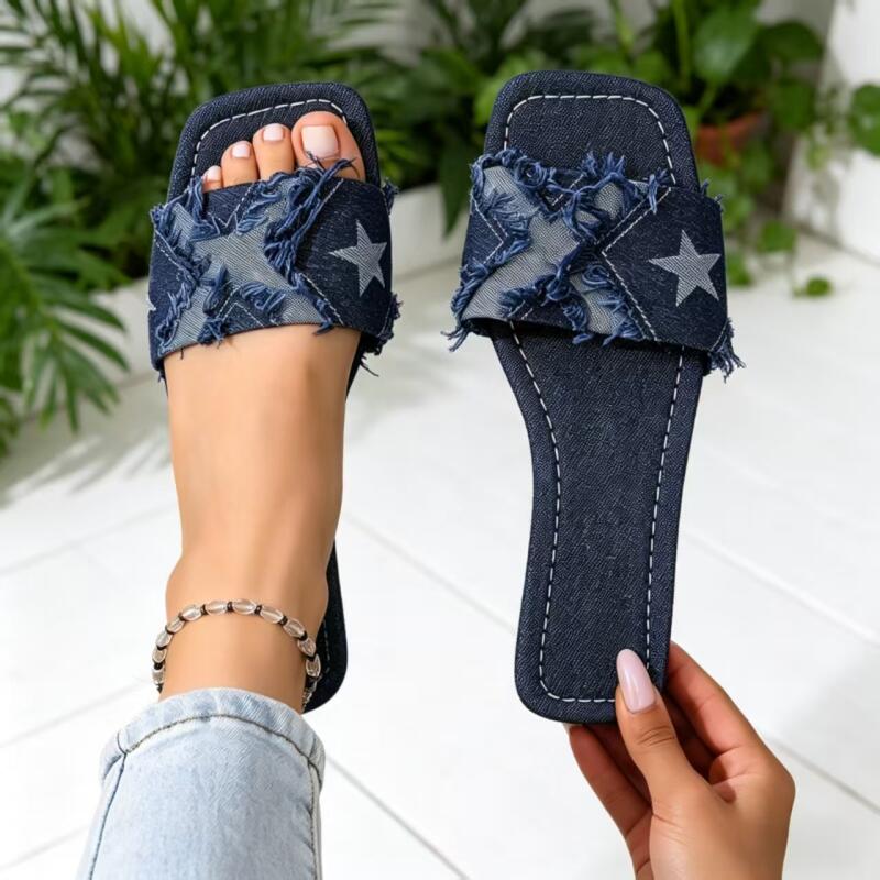 Y2K Denim Strap Flat Heel Sand - Sewing Factory 评论和价格