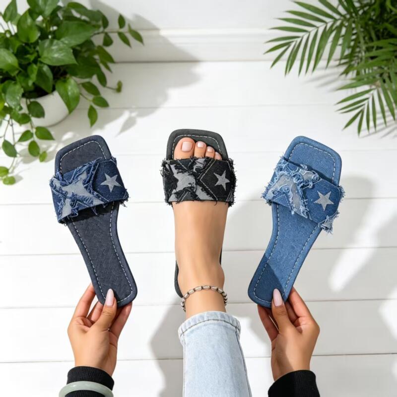 Y2K Denim Strap Flat Heel Sand - Sewing Factory 评论和价格